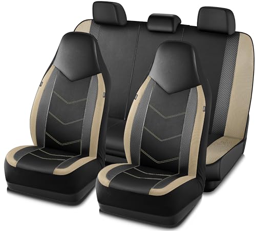 PIC AUTO Leather Car Seat Covers, Sports Carbon Fiber & Mesh Design, High-Back Full Set, Waterproof Automotive Seat Covers, Airbag Compatible, Universal Fit for Cars, SUVs, Trucks (Black & Beige) - color: Beige, size: Full Set