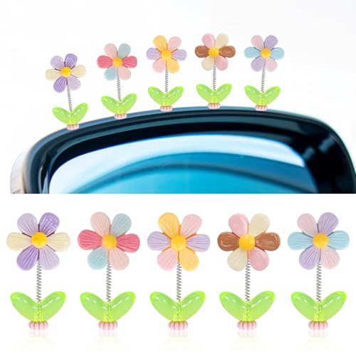 5pcs Cute Car Accessories for Women, Shaking Spring Rainbow Flower Dashboard Decorations with Strong Adhesive Property, Car Decorations Interior UV-Resistant for Gifts