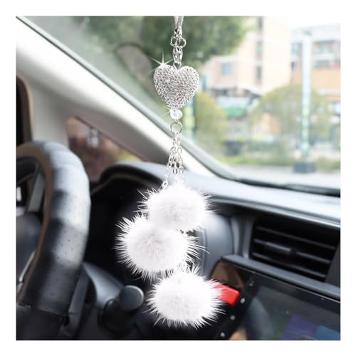 Ziciner Bling Diamond Heart Car Interior Accessories, Heart & Pink Plush Ball Decor Ornament Pendant, Hanging Decoration Charm (White) - color: White