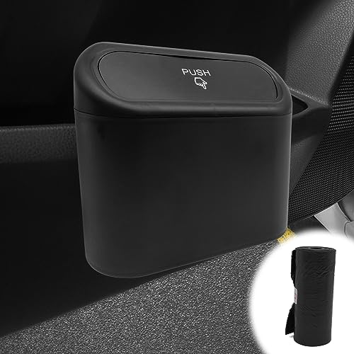 Car Trash Can with Lid Leakproof Mini Vehicle Trash Bin and One Roll Plastic Trash Bag Automotive Garbage Container Bin for Vehicle Home Office (Black)