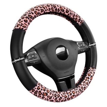 Road Comforts Leopard Steering Wheel Cover for Women, Cute Anti-Slip Microfiber Leather, Fits 14.5-15 Inch Steering Wheel 14.5-15 Inch - Black and Pink Cheetah - color: Round-Black&Pink Leapord