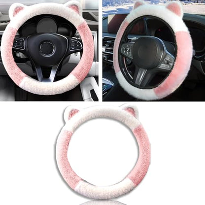 Car Steering Wheel Cover, Cute Steering Wheel Protector with Kitty Cat Ears,Fluffy Soft Plush for Winter Warm, Universal Fit 15 inches for Car,SUV, Elastic & Anti-Slip (Pink/White) - color: Pink/White