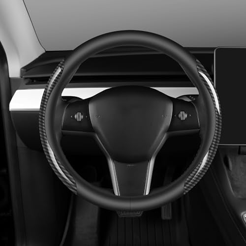 Nappa Leather car Steering Wheel Cover,Carbon Fiber Sports car Interior Non-Slip Ultrathin 15 inches Universal (Black) - color: BLACK