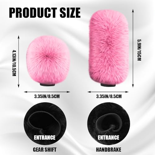 2PCS Plush Car Gear Shift Knob Cover & Handbrake Cover, Shift Knob Protector, Soft Fluffy Gear Handbrake Protective Sleeves, Shifter Lever Brake Handle Warm Plush Set for Cars (Pink)