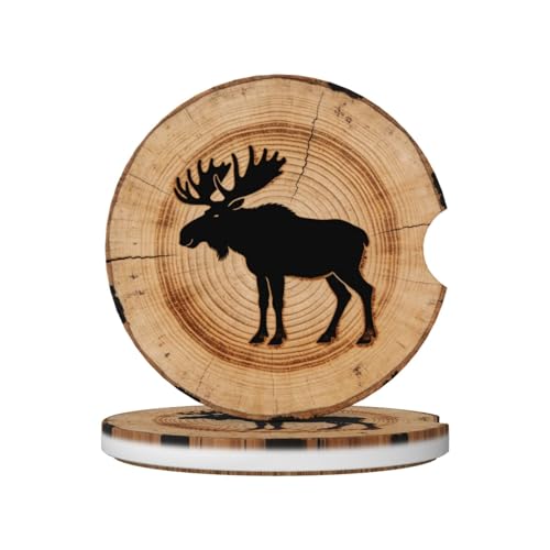Tree Stump Moose 2 Pack Car Cup Holder Coasters Absorbent Ceramic Drink Coasters 2.56" Universal Anti Slip Cup Mat with Cork Base and Finger Notch Auto Accessories Interior for Women Men - color: Black