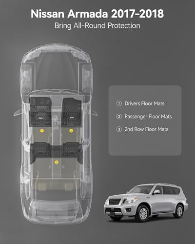 3W Floor Mats Fit for Nissan Armada 2017 2018 / Infiniti QX80 2014-2018 / Infiniti QX56 2011-2013, All Weather TPE Custom Fit Car Accessories 1st and 2nd Row Full Set Car Mats, Black - size: 2.Armada|17-18|Floor Mats