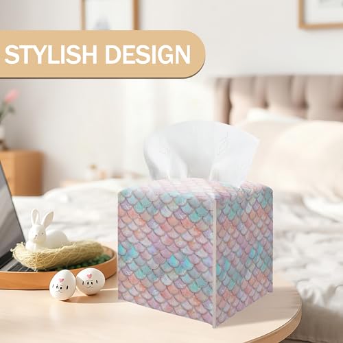 Pink Mermaid Scales Square Leather Tissue Box Cover – Magical Mermaid Themed Facial Paper Organizer, Perfect Kids Birthday Party Decor & Gift for Girls - color: Colorful02