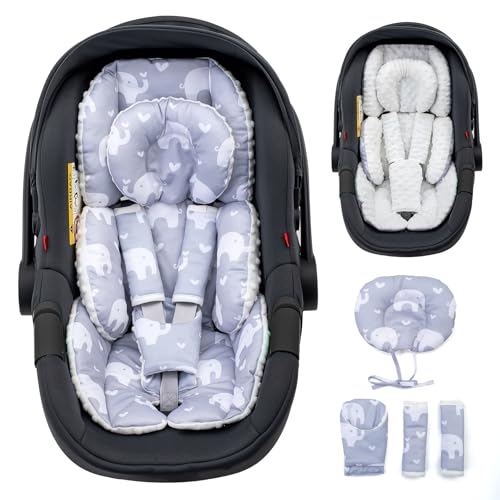 Baby Car Seat Head Support with Extra Headrest, Adjustable Infant Car Seat Insert with Shoulder Pads Set, Breathable Mink Dot Carseat Cushion for Newborn, Fits for Stroller, Baby Swing, Bouncer - color: Gray Elephant