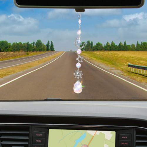 Moon and Star Rear View Mirror Car Charm, Cute Boho Sun Catcher Pendant Hangings Ornaments Healing Crystals Stones Car Decor for Women Men(B)
