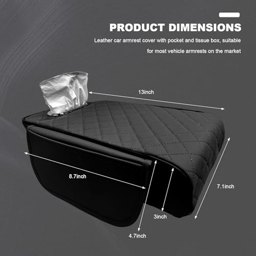 Car Center Console Cover, 13 × 7.1 × 3.0 Inch Leather Auto Armrest Cover with Pockets & Tissue Box, Waterproof Comfortable Center Console Cushion Pad for Cars Trucks SUVs (Black) - color: Black