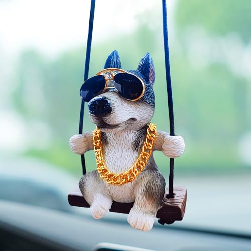 Swinging Husky Sled Dog Car Mirror Hanging Accessory, Rear View Mirror Accessory, Small Gift for Women/Men - color: Dog- Husky With Sunglass