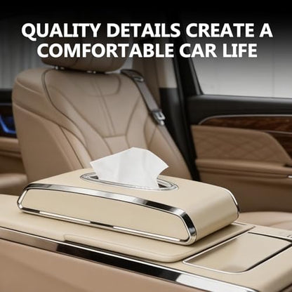 Faux Leather Car Tissue Holder for Interior, Multi-Function Tissue Box, Armrest & Back Seat Tissue Organizer, Sleek Kleenex Holder (Beige Flat)
