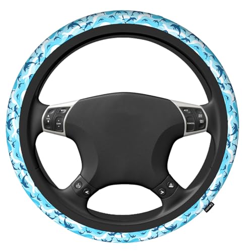 Swono Swimming Dolphin Steering Wheel Cover Cartoon Swimming Dolphin On Sea Wave Blue Background Universal 15 Inch Auto Car Steering Wheel Covers SUV Anti Slip Wheel Wrap Protector for Men Women - color: multi-060