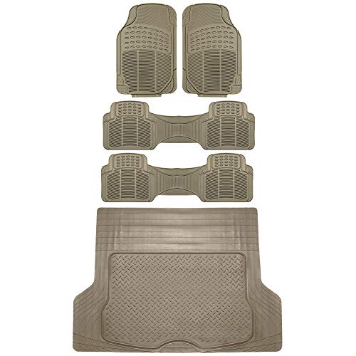 FH Group Trimmable Non-Slip Rubber Floor Mats 3 Row Set - Universal Fit for Cars Trucks and SUVs (Beige) F11305 + F16400 - color: Beige, size: Universal, style: 3 Row Set + Cargo