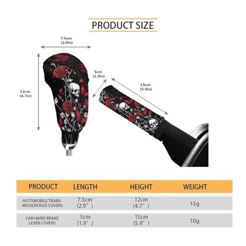 Skull Rose Print 2 Pcs Car Shift Knob Cover Handbrake Cover Set, Stretchy Car Gear Shift Knob Cover and Auto Selector Handball Collar Vehicle Interior Accessories - color: Skull Rose