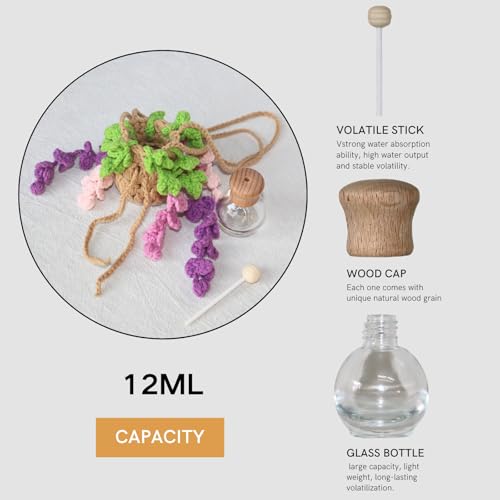 ROFIGL Handmade Crochet Hanging Car Air Freshener - Botanical Wisteria Blossom Design with 12ml Refillable Glass Essential Oil Bottle, Long-Lasting Car Diffuser & Nature-Inspired Decor - style: Wisteria
