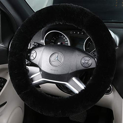 Fluffy Wool Sheepskin Fuzzy Black Car Steering Wheel Cover for Universal Auto Steering Wheel 14 1/2-15 1/2inch, Anti-Slip, Soft Plush, Comforting and Luxurious, Soft Texture (Black) - color: Black