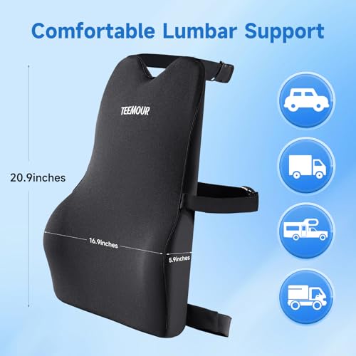 Teemour Lumbar Support Pillow for Car Seat, Memory Foam Back Support Pillow with Adjustable Straps, Medium Soft Car Back Cushion for Driving, Truck, SUV, Office Chair, Black - size: Lumbar