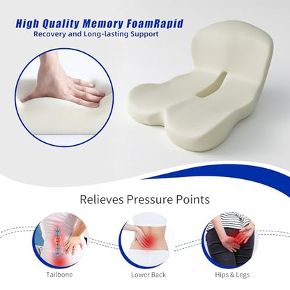 Car Seat Cushion and Lumbar Support Pillow with Fixing Strap, Larger Memory Foam Seat Cushion, Ergonomic L-Shaped Design Cushion for Back Pain Relief, Non-Slip Driving Cushion for Car, Office, Truck,