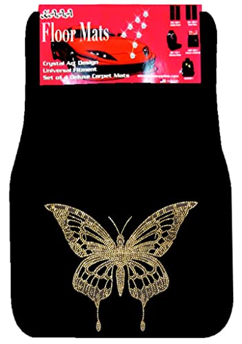 Universal Fit Car Truck Front/Rear 4-Piece Full Set Crystal Bling Rhinestone Design Studded Black Carpet Floor Mats (Gold Butterfly/Black) - color: Gold Butterfly/Black