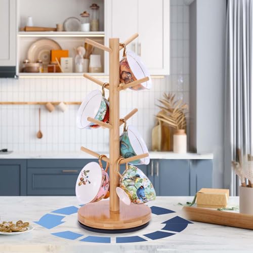 Mug Holder Tree, Upgraded 360° Rotated 8 Hooks Coffee Mug Holders for Counter, Bamboo Mug Rack Stand for Coffee Bar Accessories