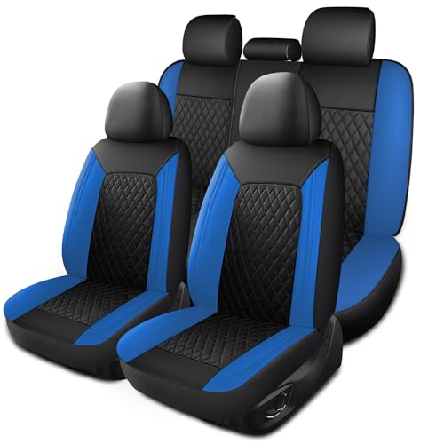 HChengkikz Blue Car Seat Covers, Breathable and Waterproof Seat Cover Full Set, PU Premium Universal Fit Automotive Airbag Compatible for Cars Sedans SUVs Vans and Trucks (Full Set, Black + Blue) - color: N1 Black Blue, size: Full Set