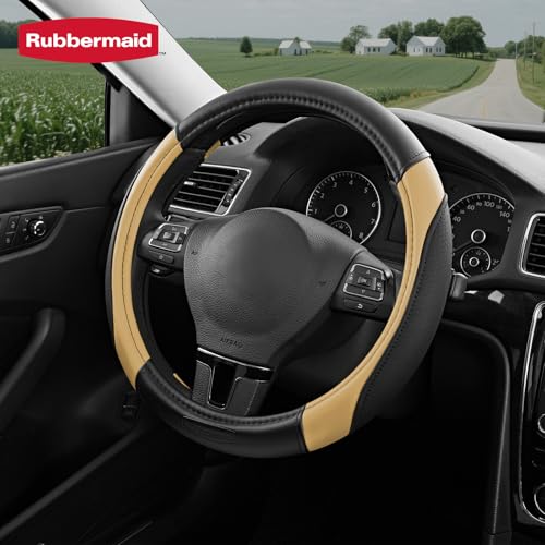 Rubbermaid Steering Wheel Cover – Universal Fit 14.5"–15" Steering Wheel Cover, Anti-Slip Grip, Breathable Leather, All-Season Protection, Interior Upgrade for Cars, Trucks, SUVs - Beige - color: Beige