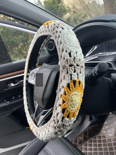 Handmade Crochet Sun Moon Car Steering Wheel Covers Universal 14-15 inch,Cute Steering Wheel Cover,Car Accessories (Wheel Cover+2belt Cover+2Coaster+Hanging) - color: wheel cover+2belt cover+2Coaster+hanging