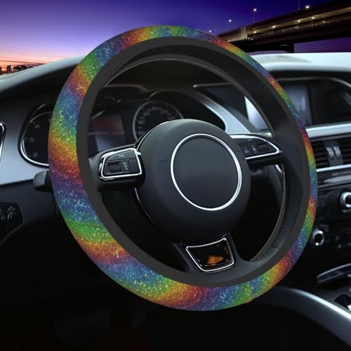 Rainbow Steering Wheel Cover Elastic Non-Slip Car Steering Wheel Covers with Seat Belt Shoulder Pad for Women Men - color: Rainbow