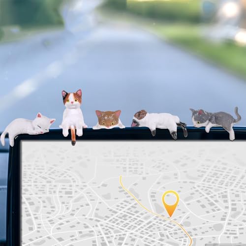 Tucnoeu 5pcs Cute Cat Fingurine Computer Monitor Decor, Mini Cat Figurines, Car Accessories Interior, Mini Resin Cats for Computer Monitors, Car Screens, Desks - color: Brown