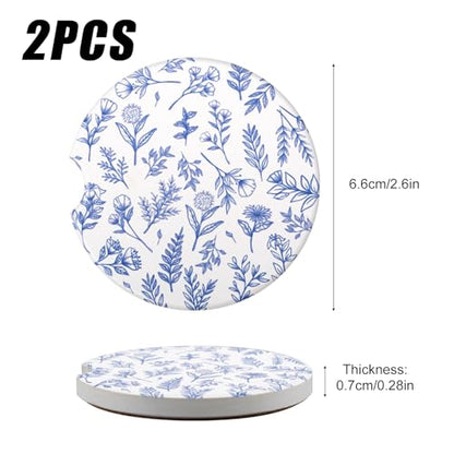 2pcs Car Cup Coasters, 2.6in Absorbent Ceramic Car Coasters with Cork Backing Non-Slip Cup Holders Vehicle Interior Decor Accessories for Women Men (Retro Blue Flowers)