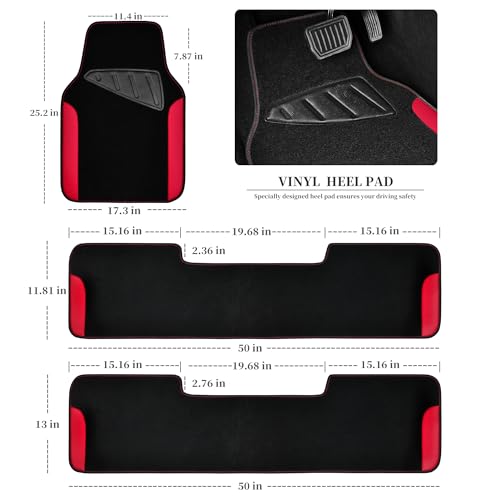 CAR PASS Waterproof Universal Faux Leather 3Row Car Floor Mats, Red Car Mats Fit for SUV,Vans,sedans, Trucks,Set of Vehicles Car Carpet with Driver Heel Pad and Anti-Slip Nibs Backing (Red 3Row) - color: Red 3Row