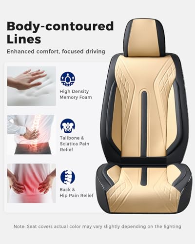 Huidasource Front Seat Covers, Universal Fit for Most Cars SUV Trucks, Full Coverage Nappa Leather Seat Cover, Airbag, Velcro Adjustable, Seat Function Retain, Black&Beige - color: FR: Black&Beige, size: Front