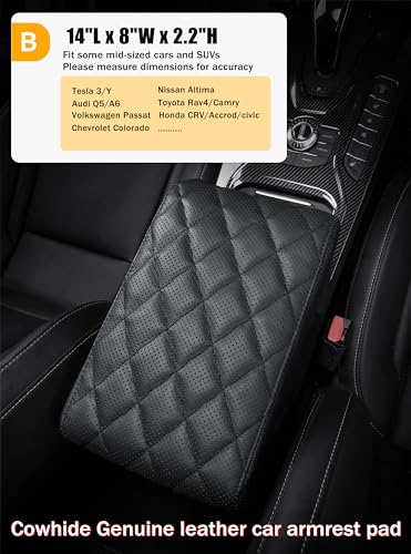 Car Center Console Cover/pad Genuine Leather,Universal Armrest mat, Adjust driving posture Cushion,Protector box,Memory Foam,Real cowhide,Relieves shoulder/arm fatigue,boosting driving safety - size: sizeB 14 x 8 x 2.2 inch(midsize cars and SUVs)