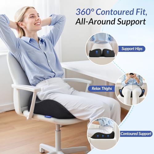 Pioneering Seat Cushion for Pressure Relief, Ergonomic Office Chair Cushion for Sciatica, Back, Hemorrhoids & Tailbone Pain Relief, High-Density Memory Foam Car Seat Cushion with Anti-Slip Base
