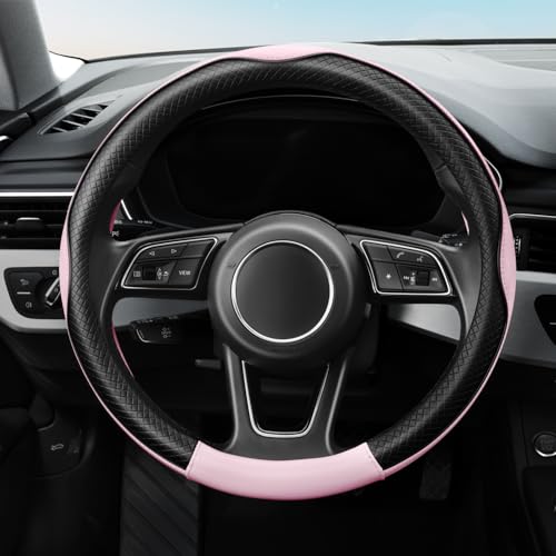 Soft Premium Leather Steering Wheel Cover, Breathable, Non-Slip Grip, Universal 15 Inch for Women Girls, Fit Vehicles, Sedans, SUVs, Vans, Trucks - Light Pink