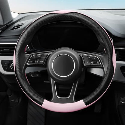 Soft Premium Leather Steering Wheel Cover, Breathable, Non-Slip Grip, Universal 15 Inch for Women Girls, Fit Vehicles, Sedans, SUVs, Vans, Trucks - Light Pink