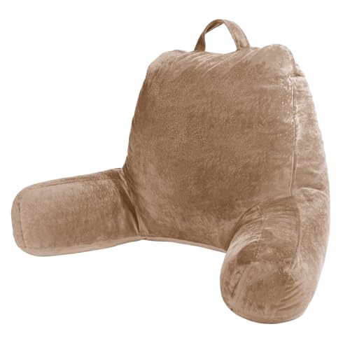 Sasttie Reading Pillow, Velvet Back Pillow for Bed Sitting Up, Adult Back-Rest Support Cushion with Arms for Sit Up on Couch, Sofa, and Floor, Dorm Essentials, Reading Accessories, Light Brown - color: Light Brown, size: Standard (18-Inch)