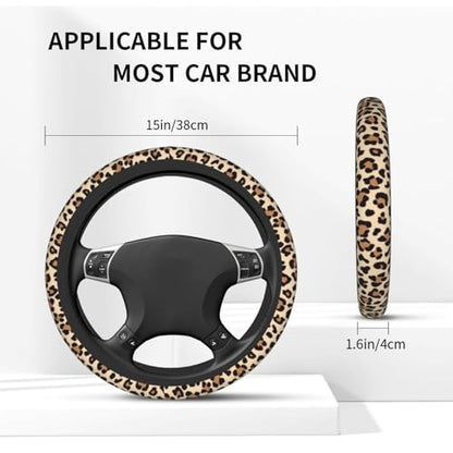 Leopard Cheetah Print Steering Wheel Cover - Universal 14-15 Inch Anti-Slip Breathable with 2pc Animal Print Matching Coasters Set for Men Women - color: Leopard