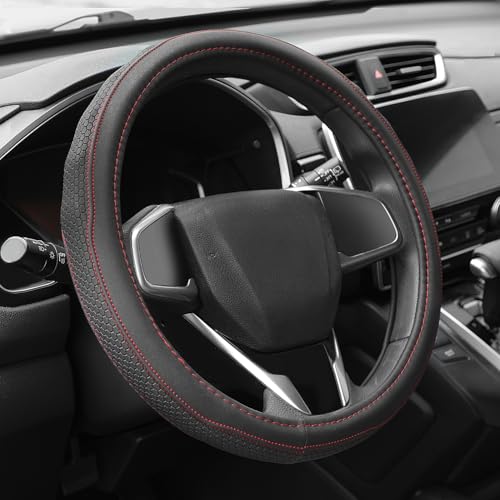 Auto Dynasty Steering Wheel Cover, Breathable Microfiber Leather Car Steering Wheel Protector with Stitching Hexagon Quilted, Anti-Slip, [14 1/2 to 15 Inches] Universal Fit Cars Trucks SUVs - color: Hexagon Stitched Red B