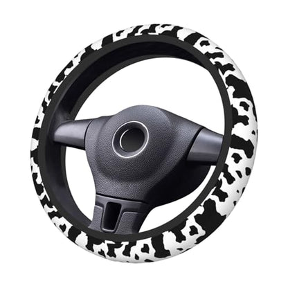 Black White Cow Print Neoprene Steering Wheel Cover for Men Women Anti-Slip Elastic Steering Wheel Protective Cover 15in Universal Car Accessories Fit Cars, SUVs, Auto - color: Black White Cow Print