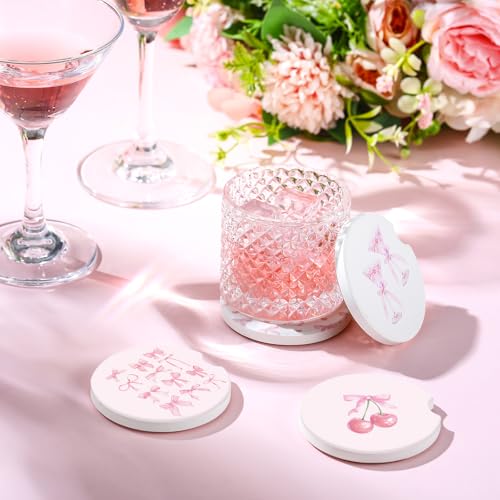 Boao 4 Pcs Car Cupholder Coasters for Valentine's Day, Ceramic Coasters 2.56'' Anti Slip Base with Finger Notch for Dry Clean, Car Interior Accessories, Birthday Gifts(Pink Bow) - style: Pink Bow