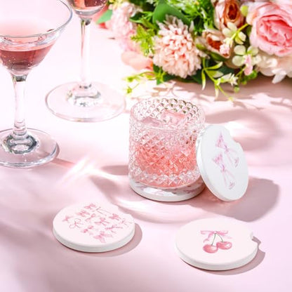 Boao 4 Pcs Car Cupholder Coasters for Valentine's Day, Ceramic Coasters 2.56'' Anti Slip Base with Finger Notch for Dry Clean, Car Interior Accessories, Birthday Gifts(Pink Bow) - style: Pink Bow