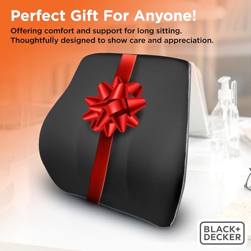 BLACK+DECKER Memory Foam Lumbar Support Pillow, Lumbar Cushion for Office, Car, Wheelchair & Airplane – Adjustable Strap, Full Back Pain Relief, Washable Cover, Black/Grey - color: Black/Grey