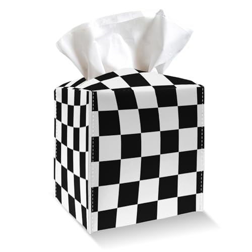 Tissue Box Cover Holder - Black and White Checkerboard PU Leather Tissue Box Cover with Bottom Belt, Square Facial Paper Organizer for Tabletop, Bathroom, Kitchen, Car & Office -049 - color: Black and White Checkerboard