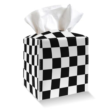 Tissue Box Cover Holder - Black and White Checkerboard PU Leather Tissue Box Cover with Bottom Belt, Square Facial Paper Organizer for Tabletop, Bathroom, Kitchen, Car & Office -049 - color: Black and White Checkerboard