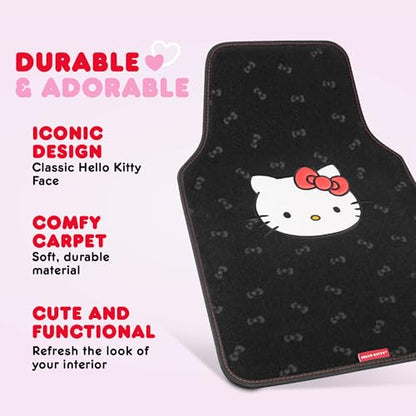 Hello Kitty Carpet Car Floor Mats - Universal Fit for Cars, SUVs & Trucks - Black with Red Bow & Hello Kitty Print - Front & Rear Set, 4 Piece Car Accessories