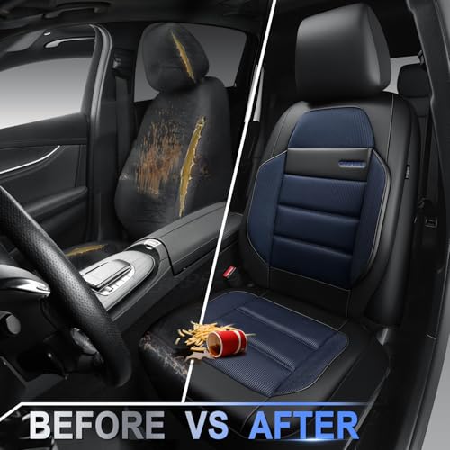 CAR PASS Memory Foam Seat Covers Front, Airy Cool Mesh Thick Car Seat Covers, Leather Car Seat Covers Front Seats Airbag Compatible, Universal Automotive Comfort for Most Cars, Trucks, SUV, Black Blue - color: balck and blue