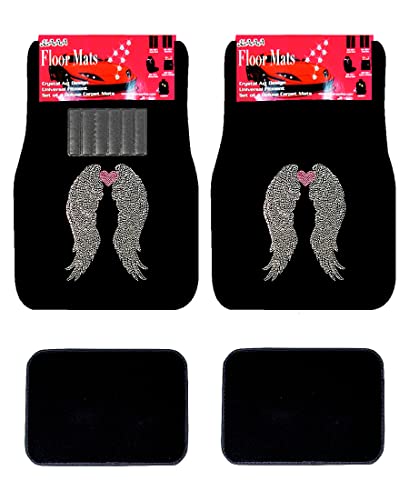 ALLBrand Universal Fit Front/Rear 4Piece Full Set Crystal Bling Rhinestone Design Studded Carpet Car SUV Truck Floor Mats KAM MAT BLACK 0 - color: Angel Heart-Black