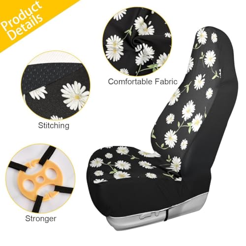 Daisy Car Seat Covers Set of 2,Cute Daisy Flowers Black Design Universal Auto Front Seat Protector Vehicle Seat Cushion Cover for Women Cute Floral Pattern Car Accessories Fit for Car Truck - color: White